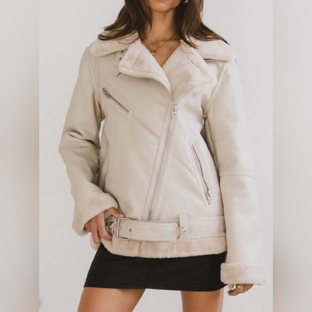 Blank NYC NWT Cream Faux Leather Belted Shearling Zippered Moto Jacket Size XS